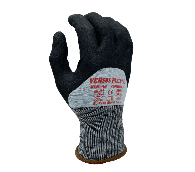 Task Gloves Versus Plus 18 Gauge Blue Turnbull shell, Black Micro-Foam Nitrile 3/4 coated w/ Nitrile dots, ANSI Cut A2 (Pack of 12)