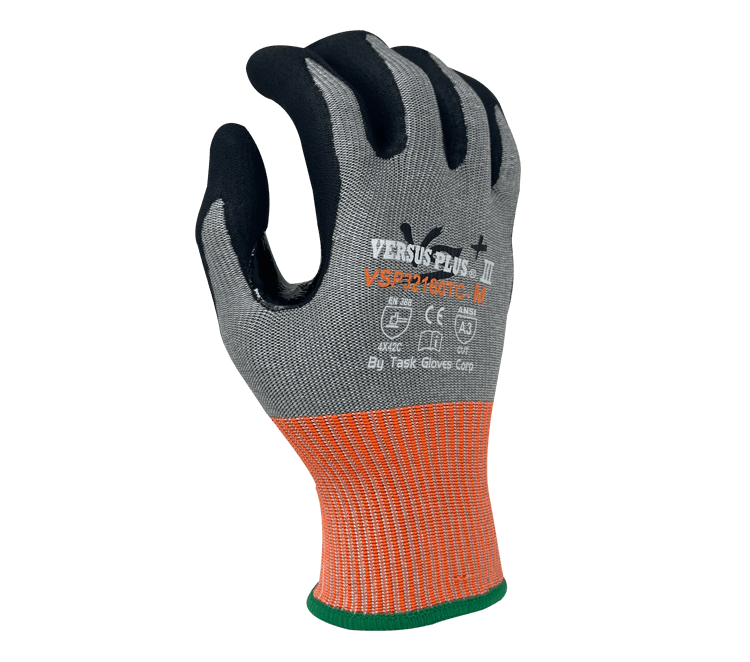 Task Gloves Versus Plus 15 Gauge Gray Turnbull shell, Black Micro-Foam Nitrile palm coated, Reinforced Thumb Saddle, ANSI Cut A3, Touchscreen compatible (Pack of 12)