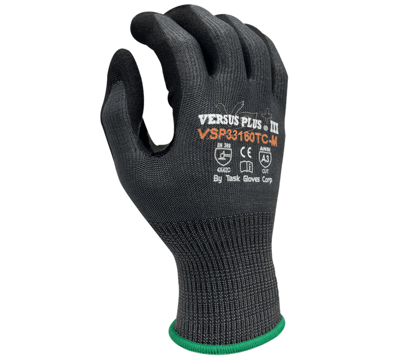 Task Gloves Versus Plus 15 Gauge Dark Blue Turnbull shell, Black Sandy-Foam Nitrile palm coated, Reinforced Thumb Saddle, ANSI Cut A3, Touchscreen compatible (Pack of 12)