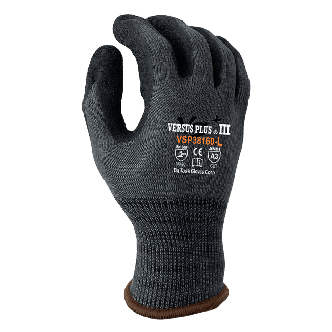 Task Gloves Versus Plus 15 Gauge Dark Blue Turnbull shell, Black Crinkle Latex palm coated, ANSI Cut A3 (Pack of 12)