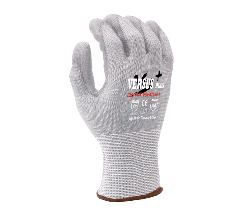 Task Gloves Versus Plus 13 Gauge Gray Turnbull yarn, Gray Polyurethane Palm coated, ANSI Cut A4 (Pack of 12)