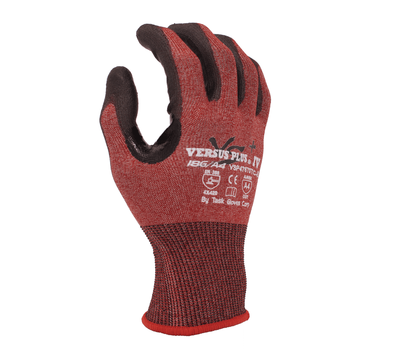 Task Gloves Versus Plus 18 Gauge Red Falstone Fiber shell, Black Polyurethane Palm coated, Reinforced Nitrile Thumb Saddle, ANSI Cut A4, Touchscreen compatible (Pack of 12)