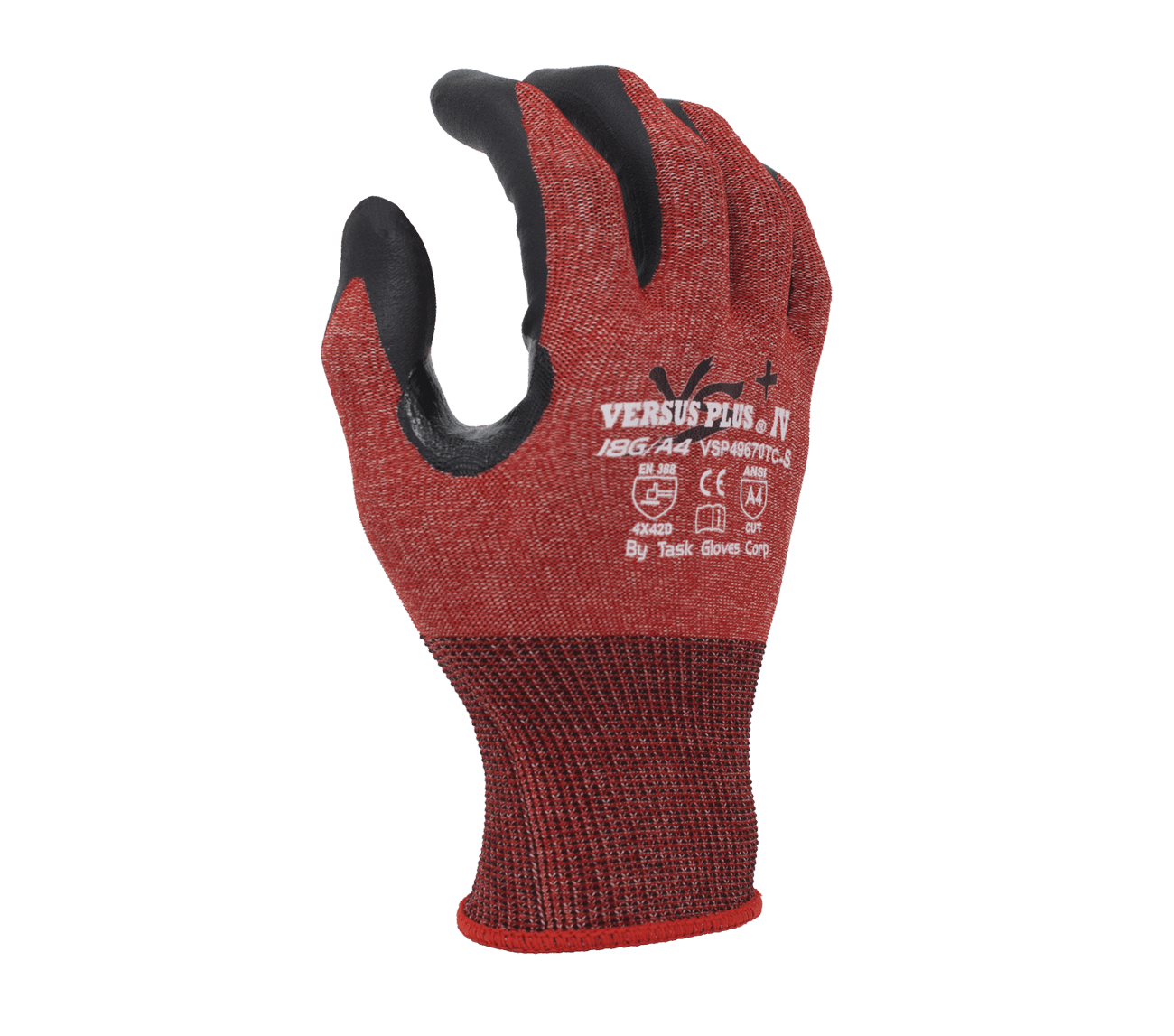 Task Gloves Versus Plus 18 Gauge Red Falstone Fiber shell, Black Soft-Foam Nitrile Palm coated, Reinforced Thumb Saddle, ANSI Cut A4, Touchscreen compatible (Pack of 12)