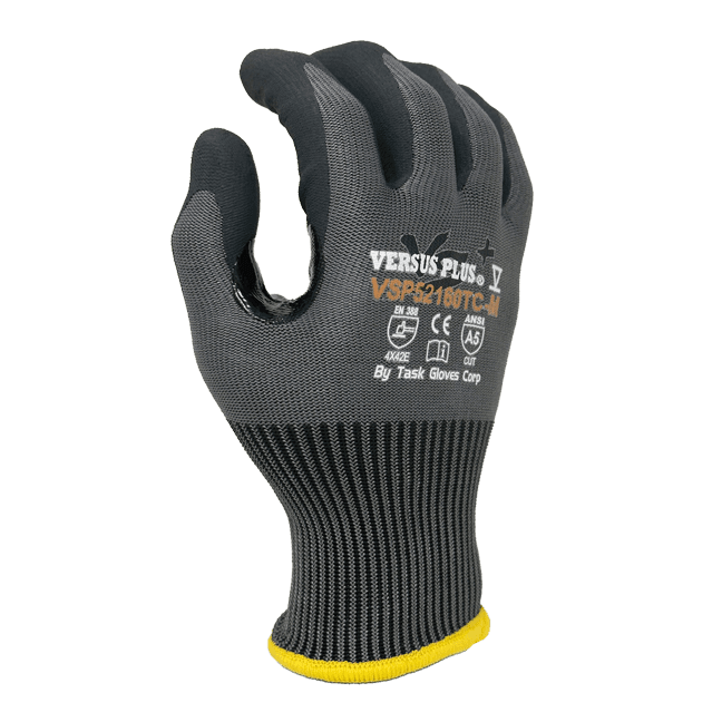 Task Gloves Versus Plus 15 Gauge Gray 80% Turnbull yarn/20% R-PET, Black Micro-Foam Nitrile Palm coated, Reinforced Thumb Saddle, ANSI Cut A5, Touchscreen compatible (Pack of 12)