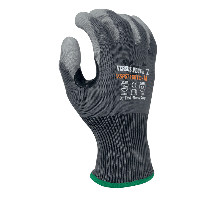 Task Gloves Versus Plus 15 Gauge Gray 80% Turnbull yarn/20% R-PET, Gray Polyurethane Palm coated, Reinforced Thumb Saddle, ANSI Cut A5, Touchscreen compatible (Pack of 12)