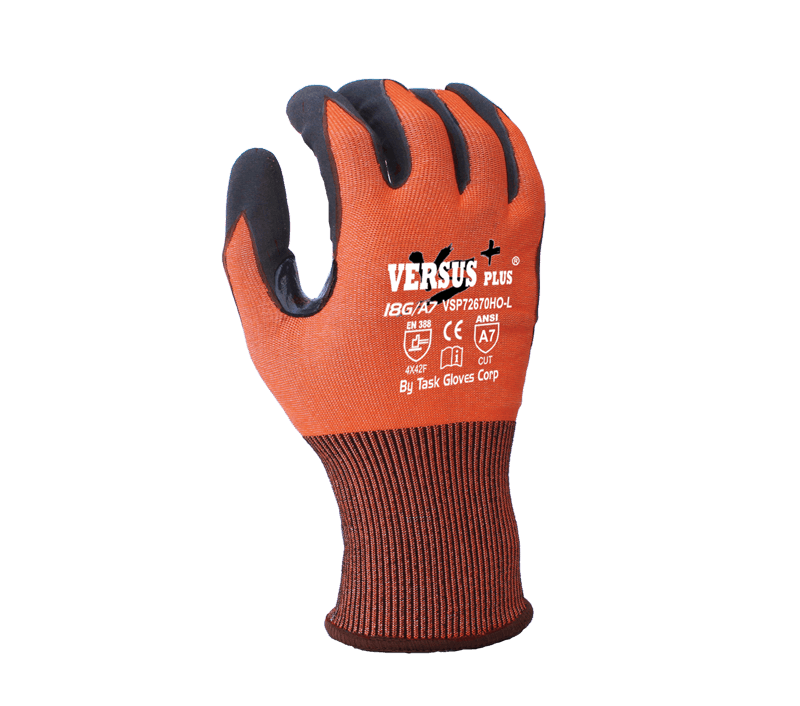 Task Gloves Versus Plus 18 Gauge Hi-Vis Orange Falstone Fiber shell, Black Micro-Foam Nitrile coated palm and fingers, Reinforced Thumb Saddle, Touchscreen compatible, ANSI Cut A7 (Pack of 12)