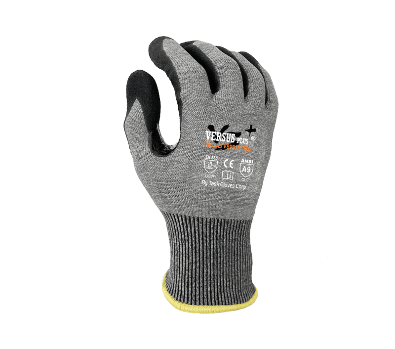 Task Gloves Versus Plus 18 Gauge Falstone Fiber shell, Black Micro-Foam Nitrile coated palm and fingers, Reinforced Thumb Saddle, Touchscreen compatible, ANSI Cut A9 (Pack of 12)