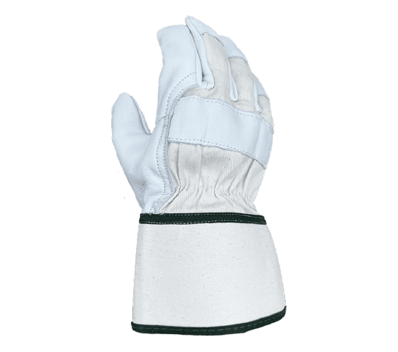 Premium Top Grain Cowhide Leather Palm, White Canvas Back, Wing Thumb, 2 1/2" Rubberized Safety Cuff