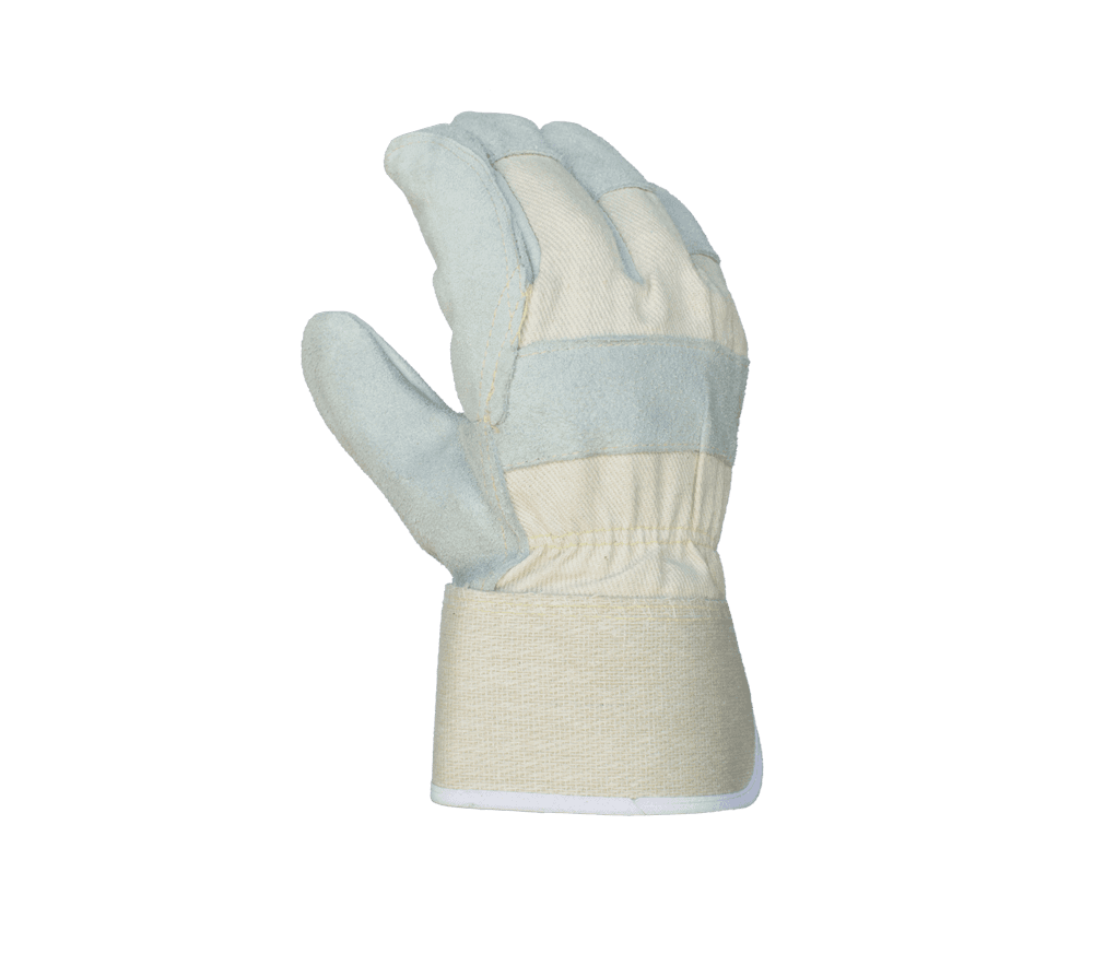 Premium Shoulder Split Cowhide Leather, Double Palm, Gunn Pattern, Wing Thumb, Cotton Lined, White Canvas Back, Aramid Thread Sewn, 2 1/2" Canvas Safety Cuff