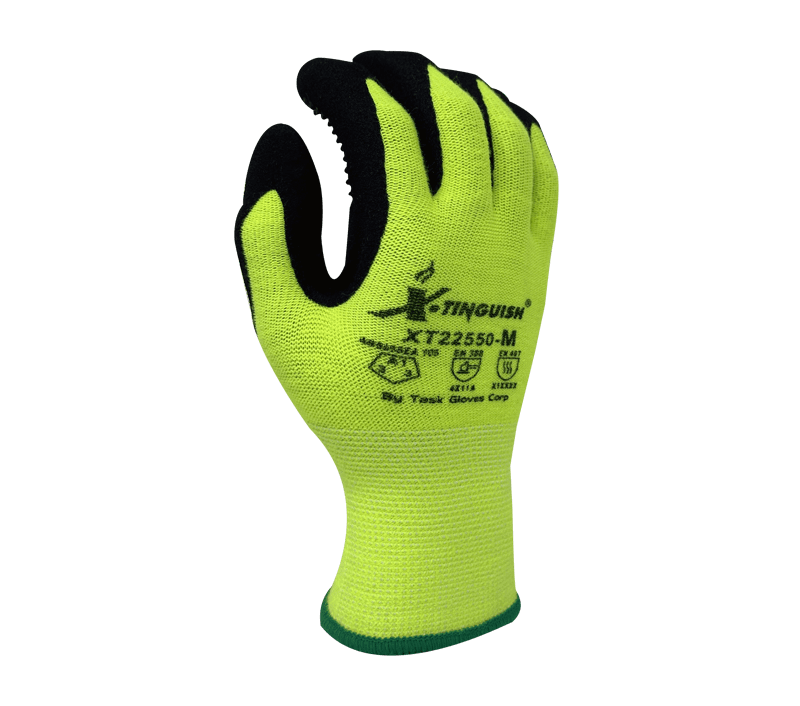 Xtinguish® - 13 Gauge Hi-Vis Yellow Acrylic, Polyester Terry Cloth Inner Lined, Black Sandy Nitrile Palm Coated With Nitrile Dots
