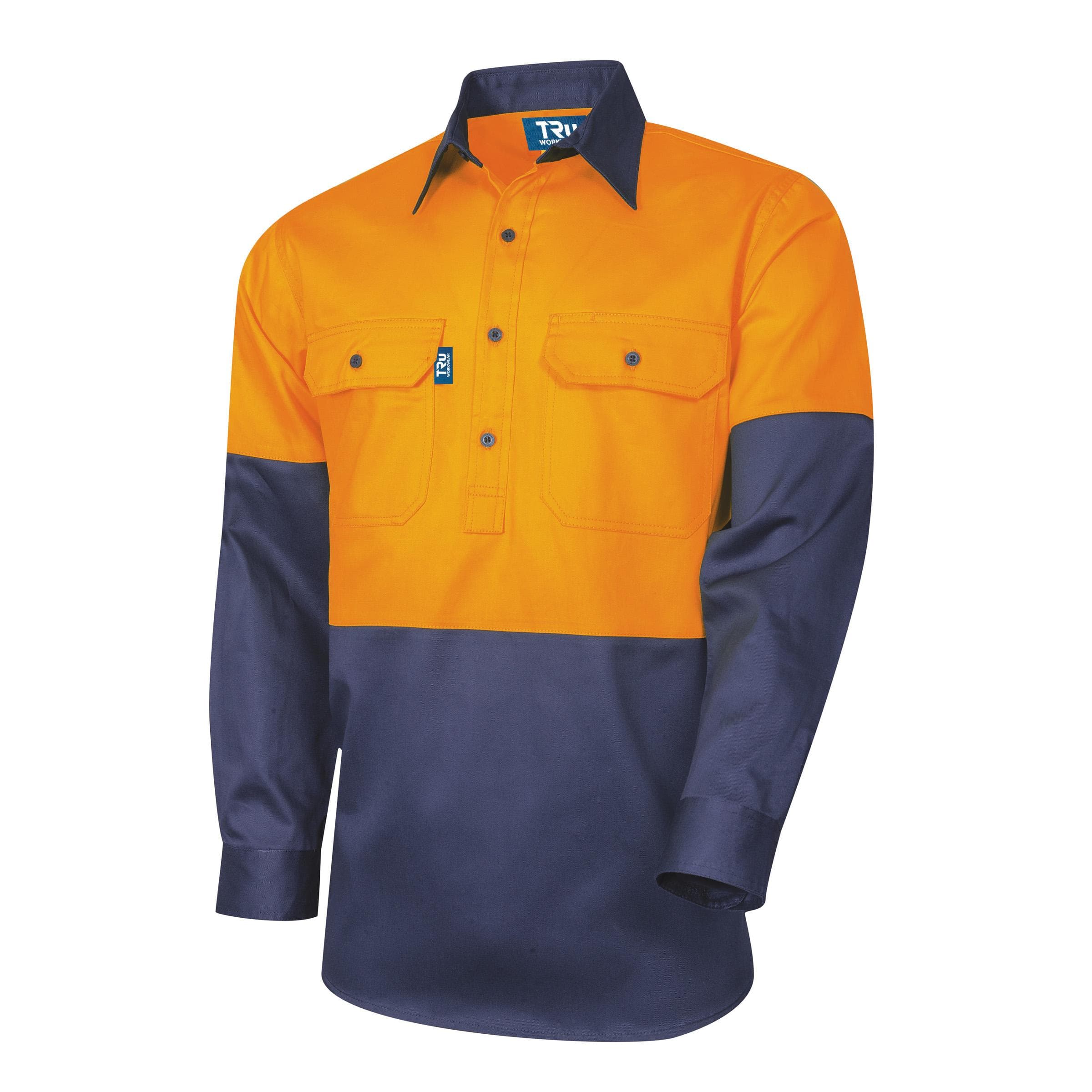 TRu Workwear Shirt 190gsm Closed Front L/S Two Tone Cotton Drill (Orange/Navy)