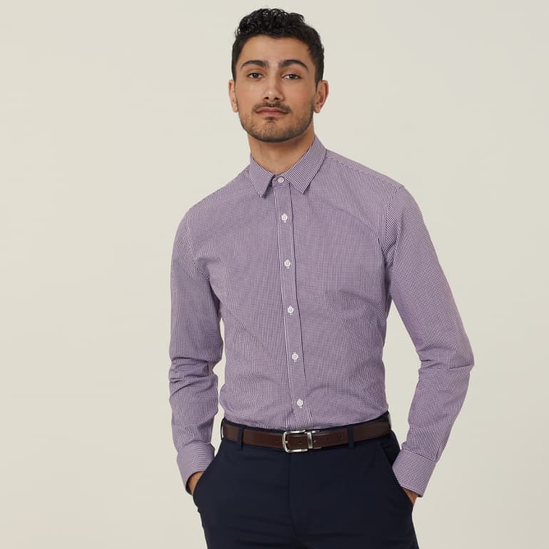 NNT Mens Avignon Gingham Check Long Sleeve Slim Fit Shirt CATJDF (Blackberry/White)