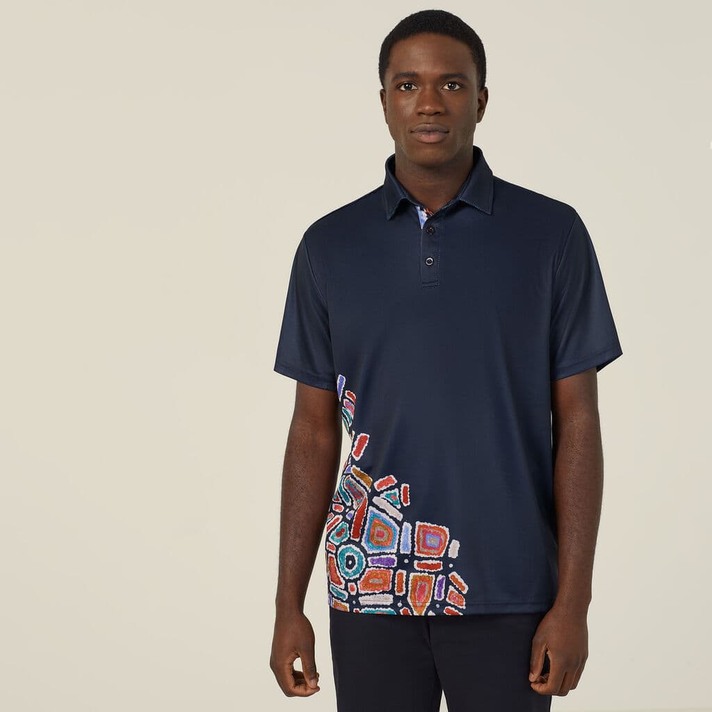 NNT Polyester Knit Water Dreaming Indigenous Print Polo CATJH6 (Navy Print Sublimated)