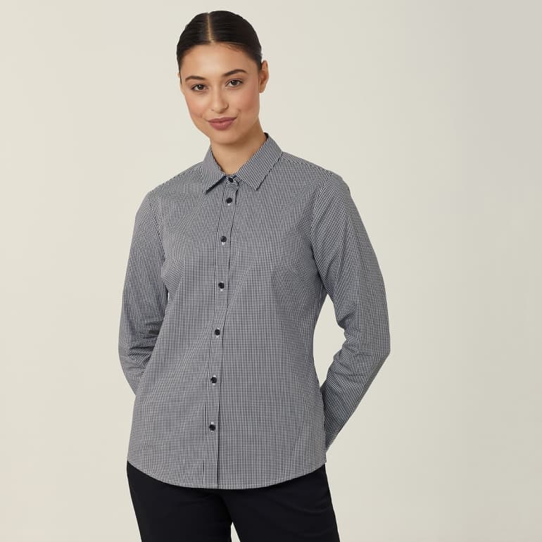 NNT Womens Avignon Gingham Check Long Sleeve Slim Fit Shirt CATUKS (Black/White)