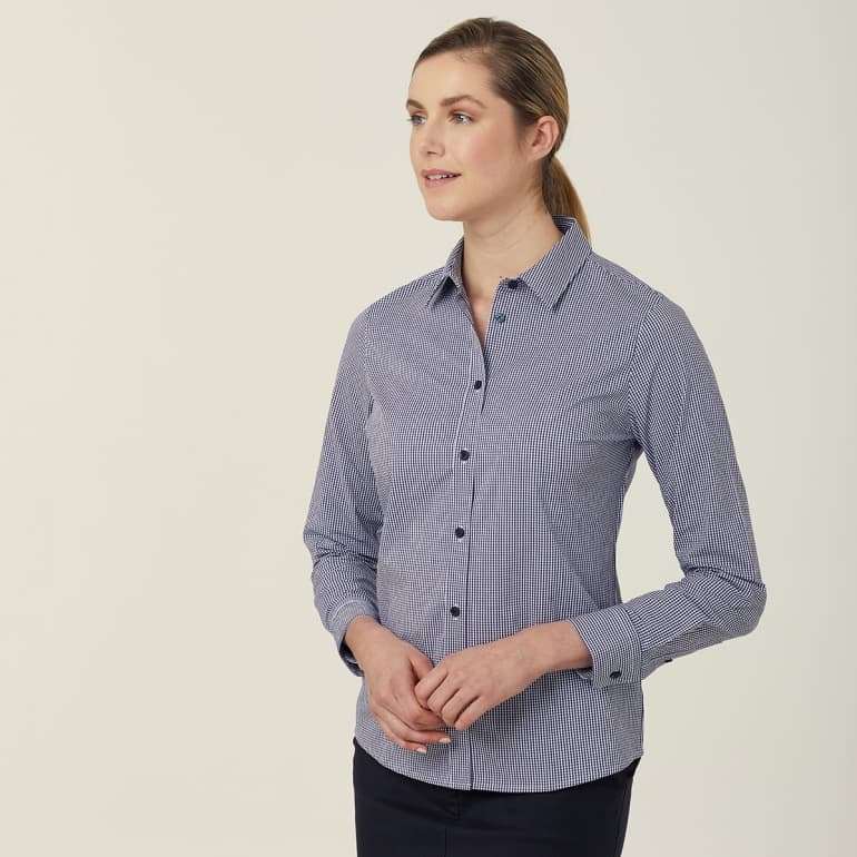 NNT Womens Avignon Gingham Check Long Sleeve Slim Fit Shirt CATUKS (Navy White Check)_1