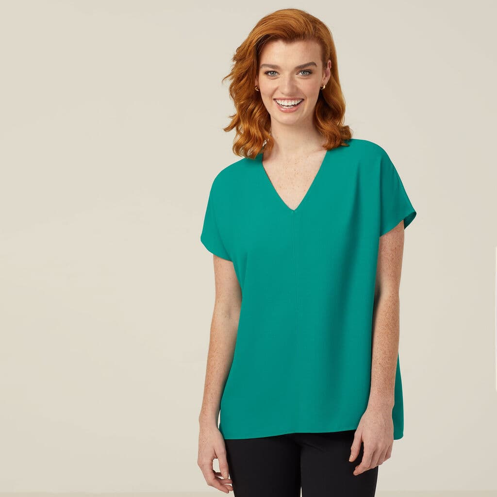 NNT French Georgette Short Sleeve V-Neck Top CATUPU (Emerald)