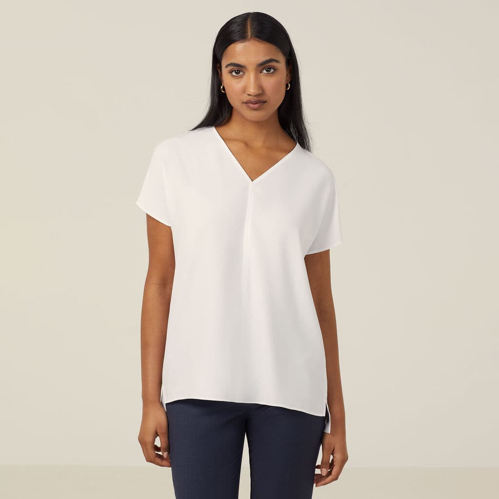 NNT French Georgette Short Sleeve V-Neck Top CATUPU (White)