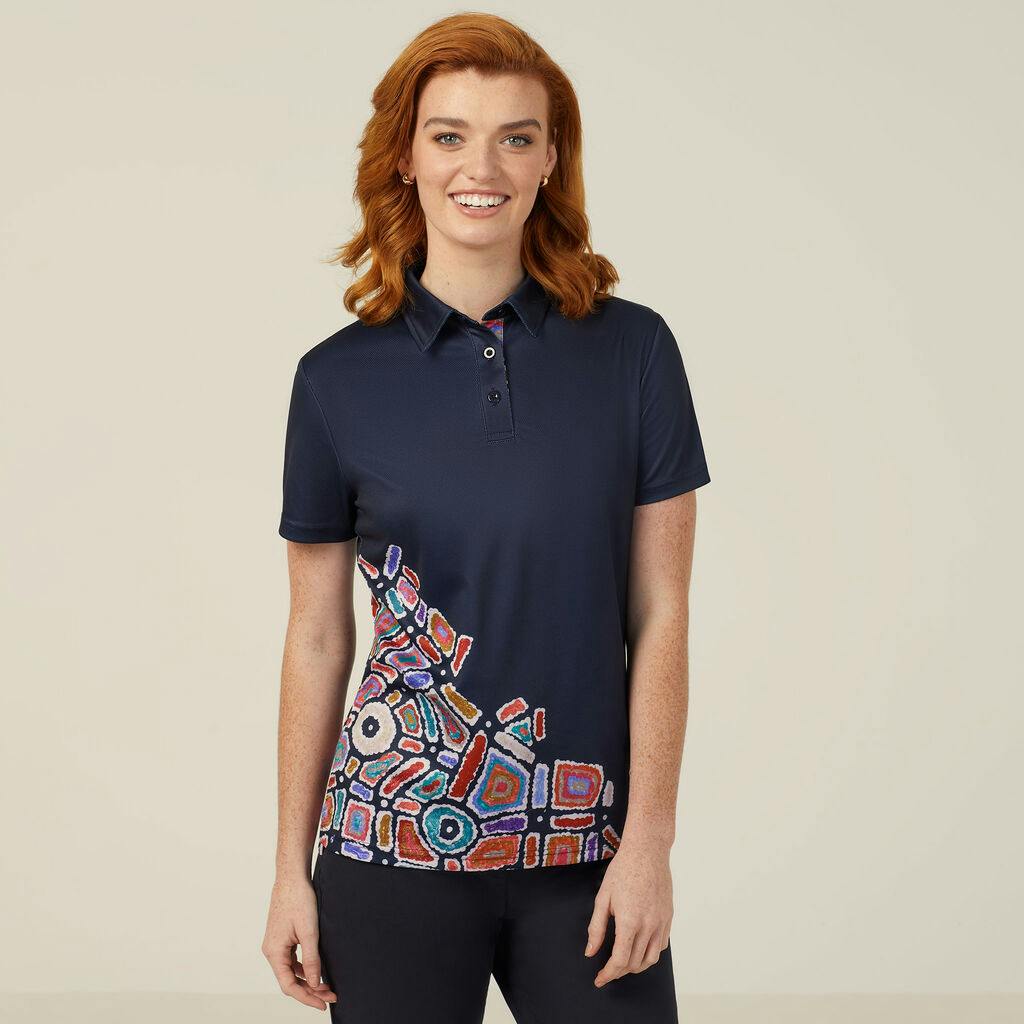 NNT Polyester Knit Water Dreaming Indigenous Print Polo CATUQV (Navy Print Sublimated)