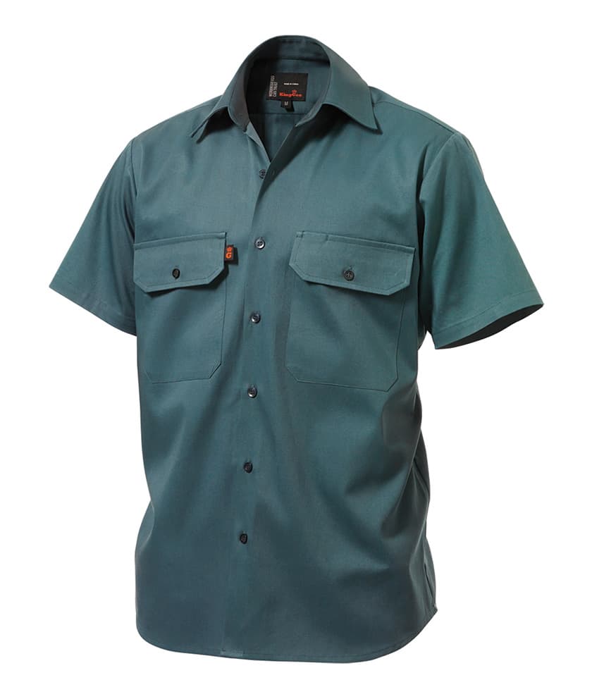 KingGee Mens Open Front Drill Shirt Short Sleeve (Green)