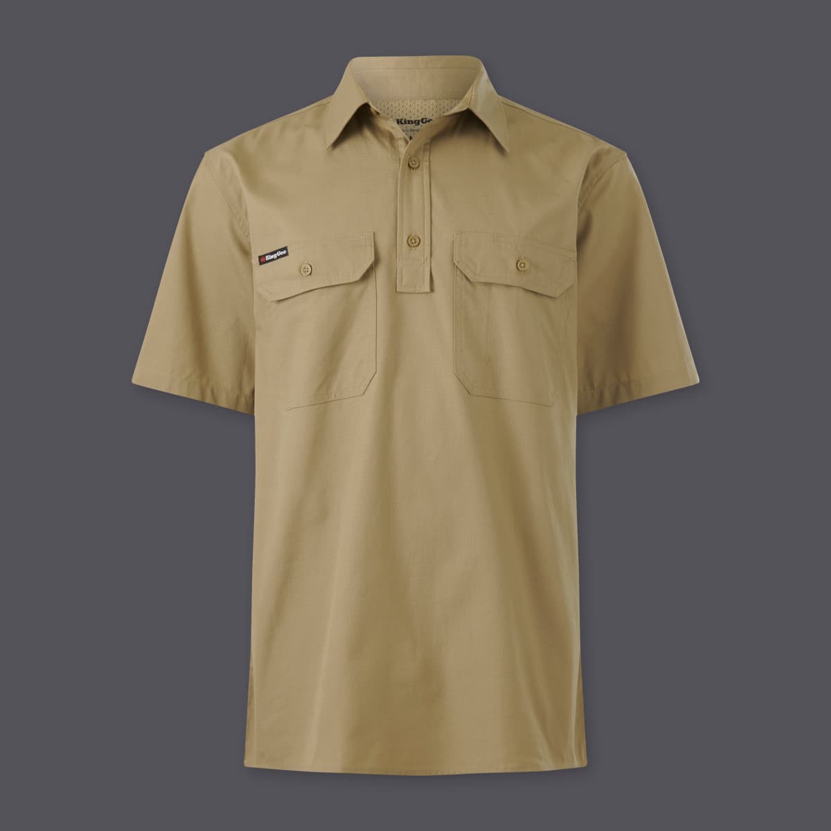 KingGee Mens Workcool Vented Closed Front Shirt Short Sleeve (Khaki)