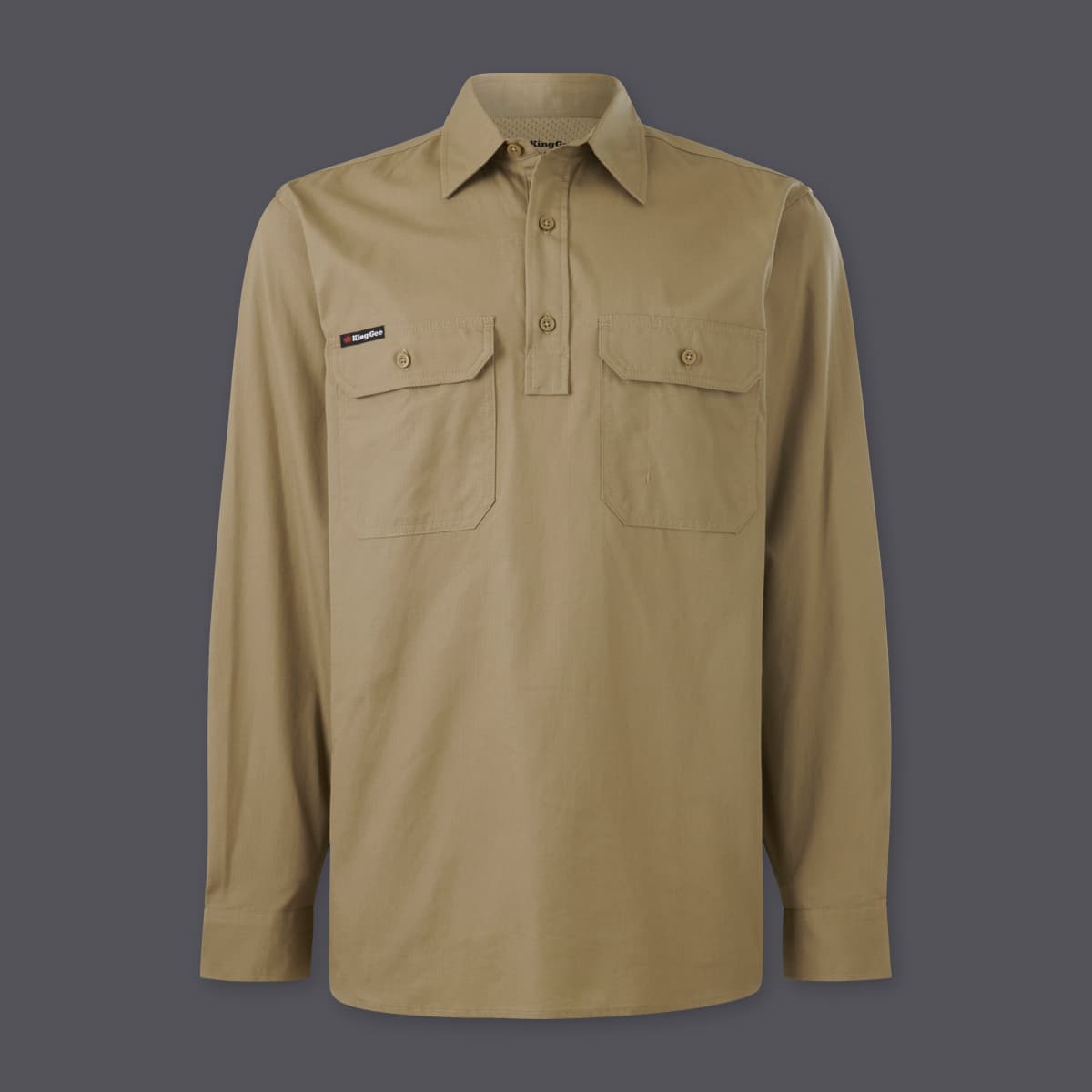 KingGee Mens Workcool Vented Closed Front Shirt Long Sleeve (Khaki)