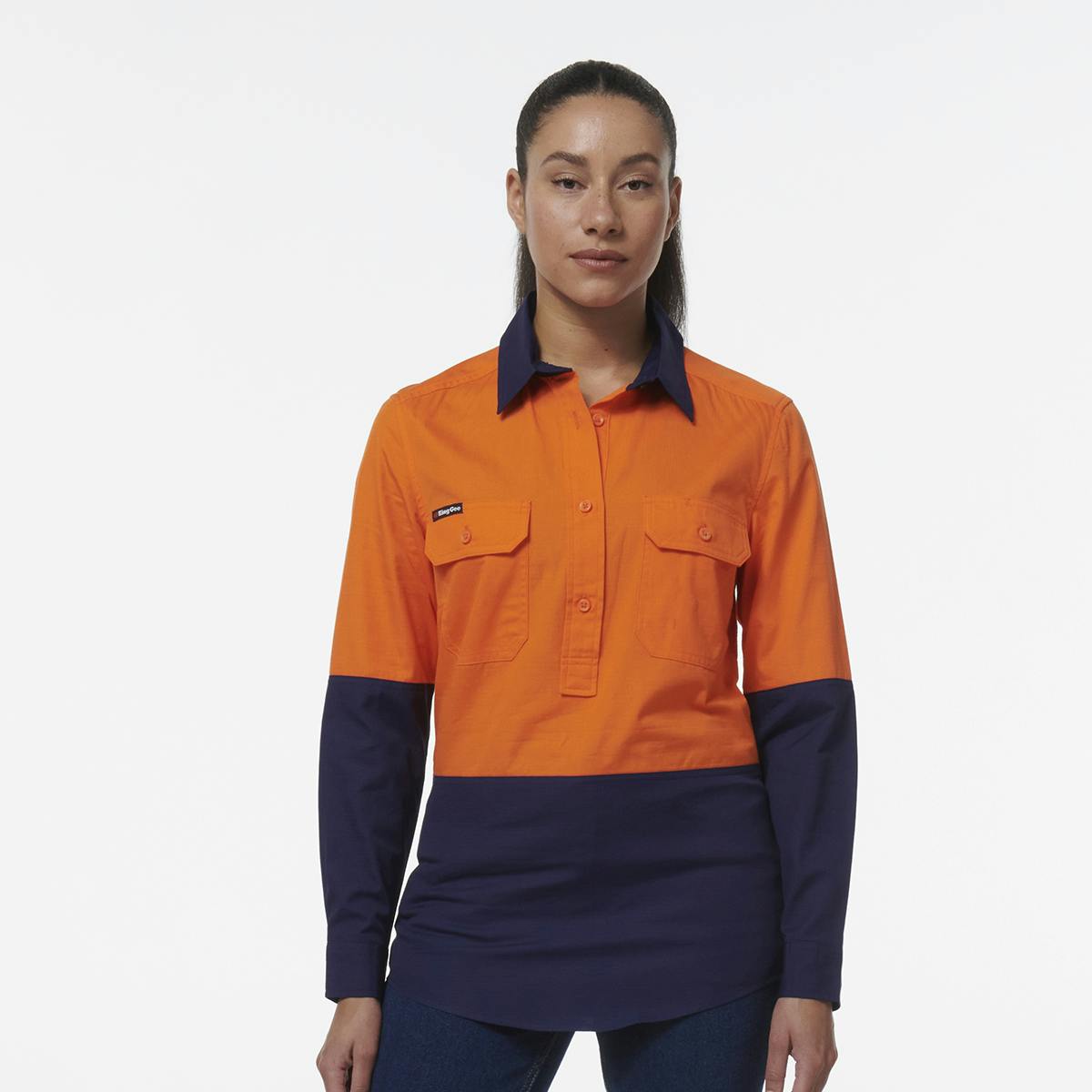 KingGee Womens Workcool Vented Closed Front Spliced Shirt (Orange/Navy)