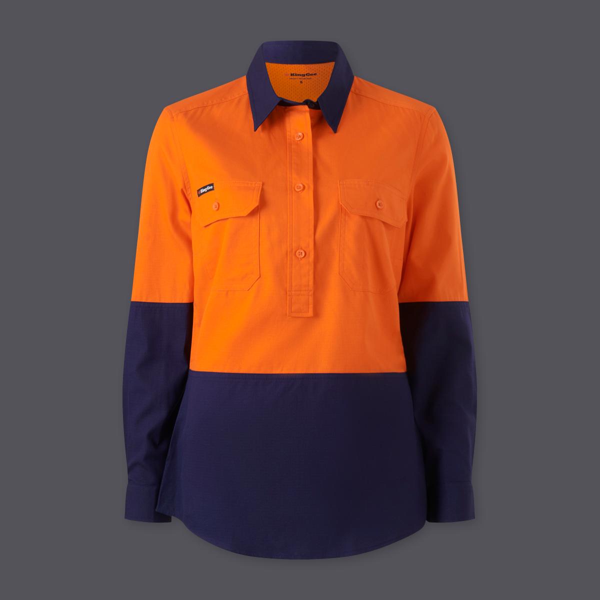 KingGee Womens Workcool Vented Closed Front Spliced Shirt (Orange/Navy)_1