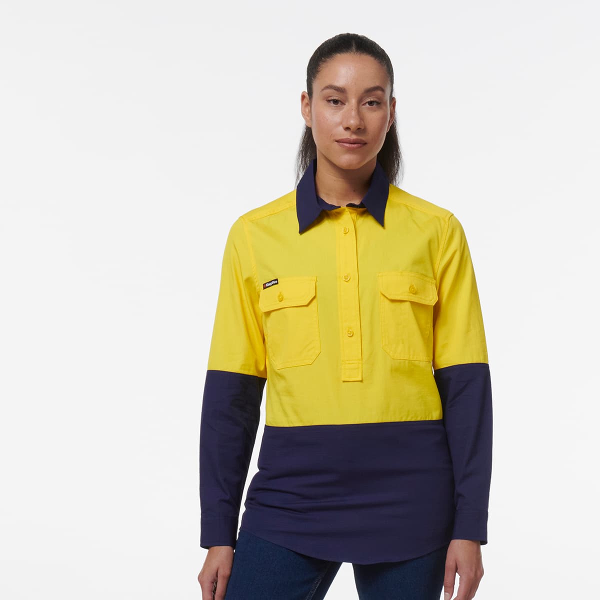 KingGee Womens Workcool Vented Closed Front Spliced Shirt (Yellow/Navy)