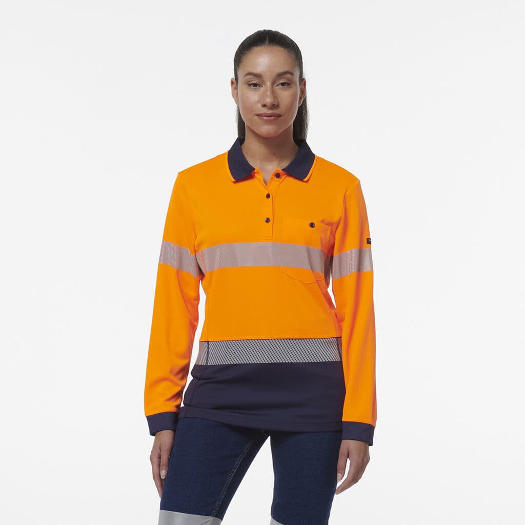 KingGee Womens Workcool Hyperfreeze Spliced Long Sleeve Polo With Segmented Tape (Orange/Navy)