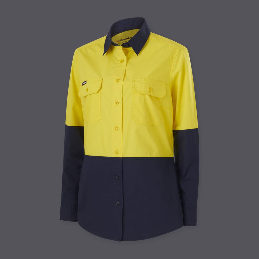 KingGee Womens Workcool Vented Spliced Shirt Long Sleeve (Yellow/Navy)