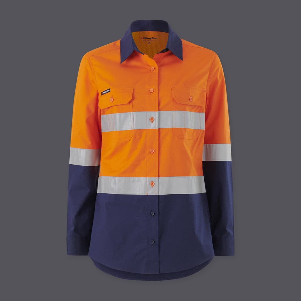 KingGee Womens Workcool Vented Spliced Spliced Shirt Taped Long Sleeve (Orange/Navy)