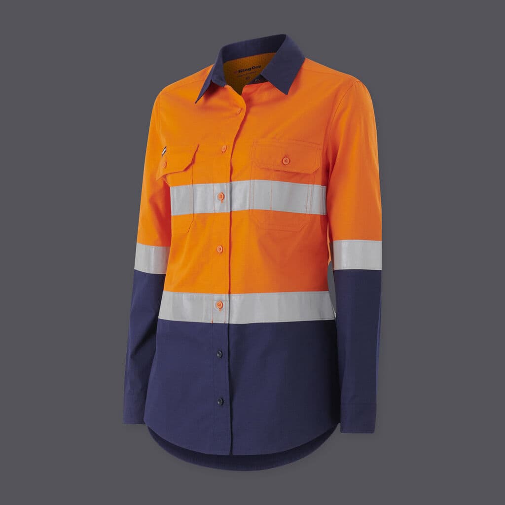 KingGee Womens Workcool Vented Spliced Spliced Shirt Taped Long Sleeve (Orange/Navy)_1