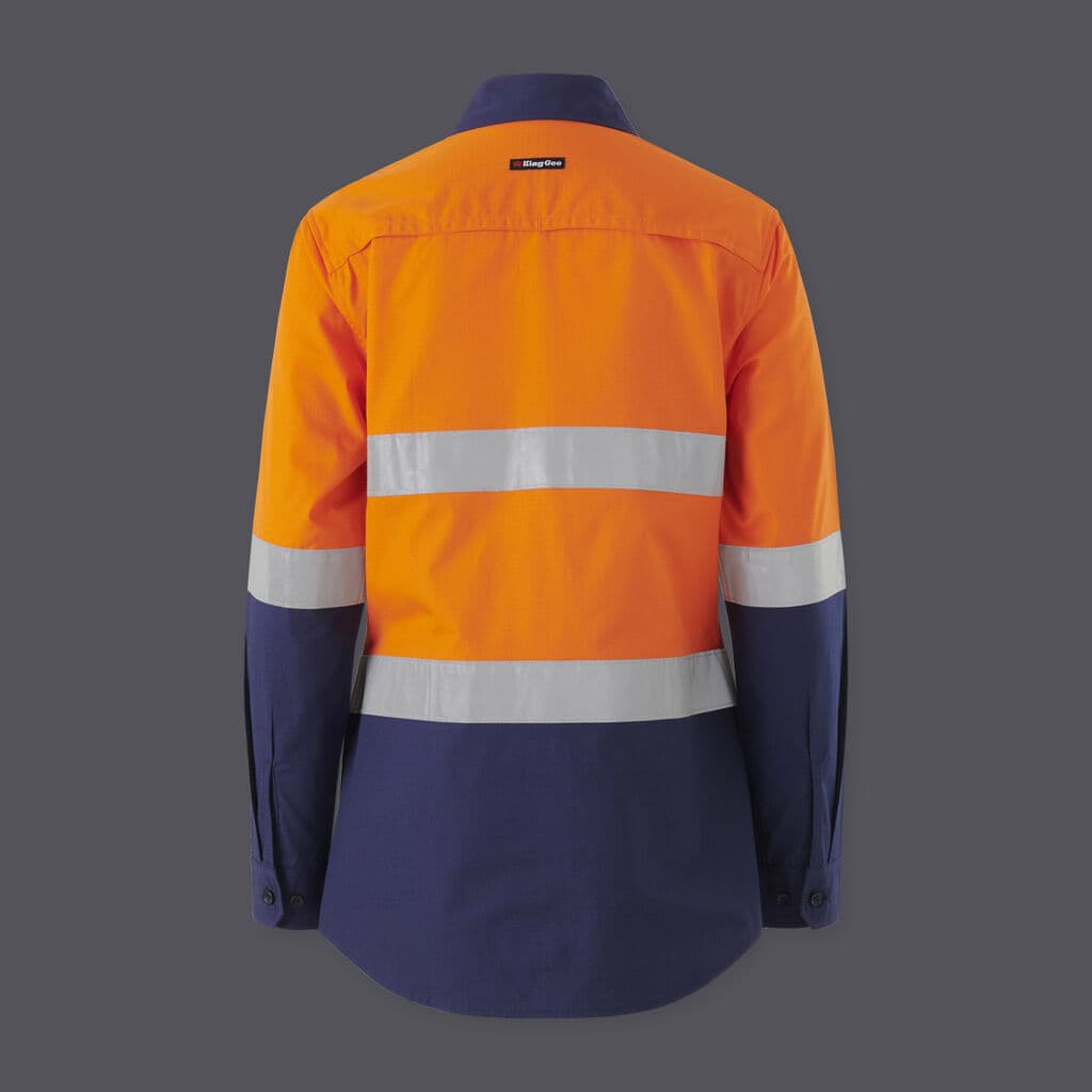 KingGee Womens Workcool Vented Spliced Spliced Shirt Taped Long Sleeve (Orange/Navy)_2