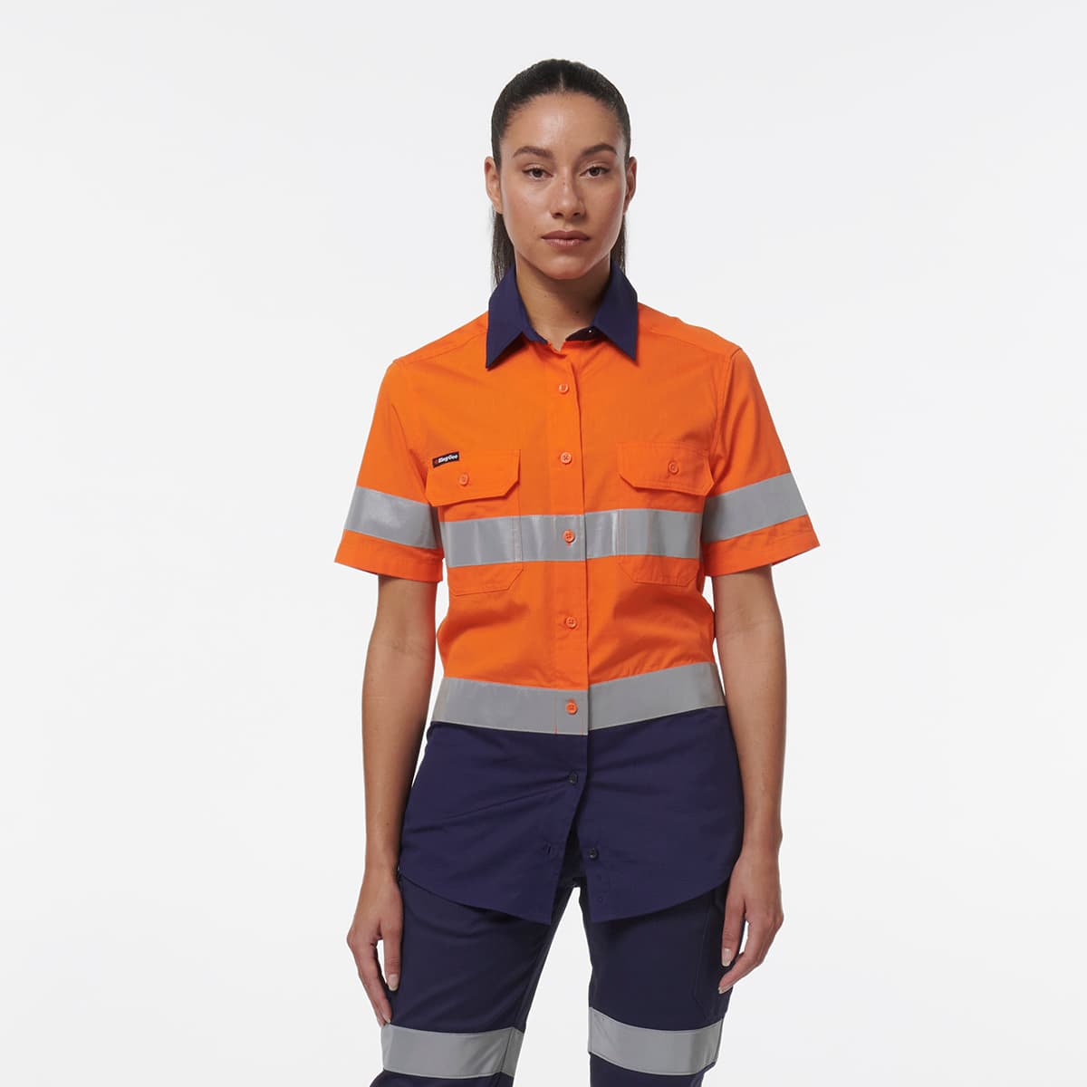 KingGee Womens Workcool Vented Reflective Short Sleeve Shirt (Orange/Navy)
