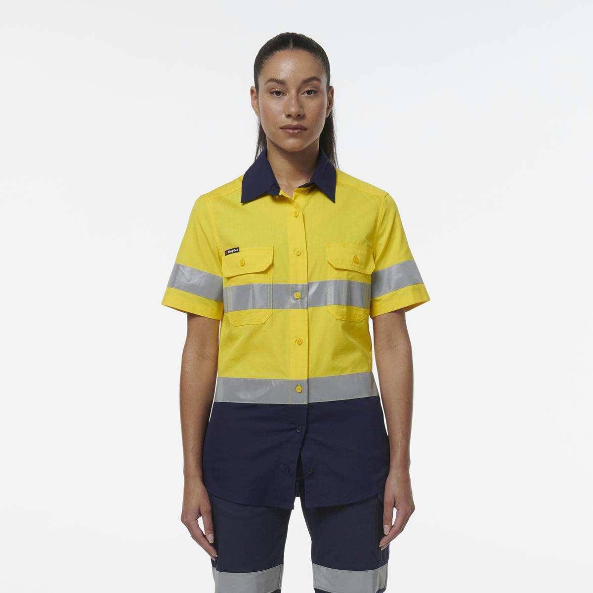 KingGee Womens Workcool Vented Reflective Short Sleeve Shirt (Yellow/Navy)