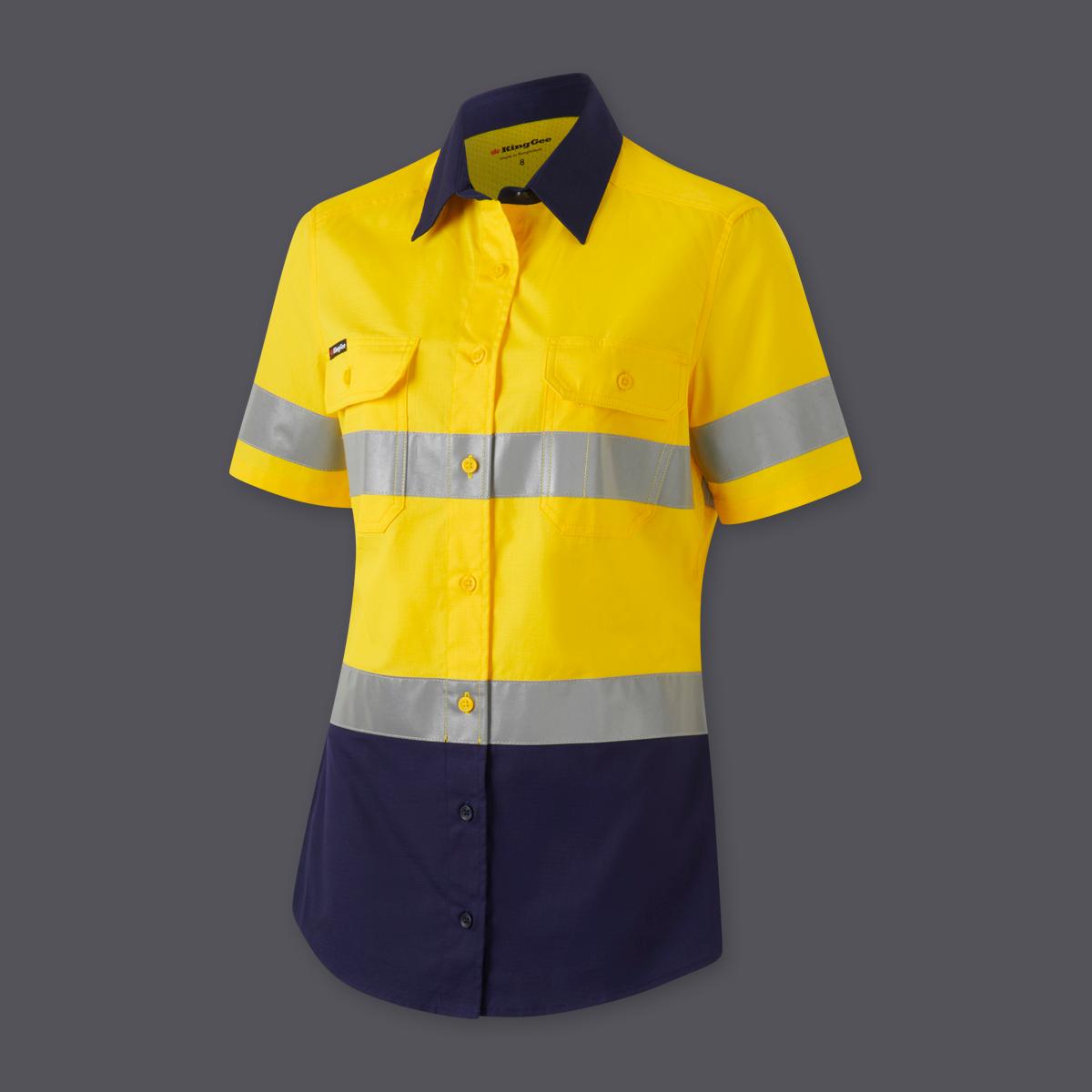 KingGee Womens Workcool Vented Reflective Short Sleeve Shirt (Yellow/Navy)_1