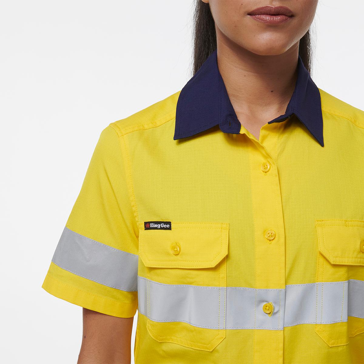 KingGee Womens Workcool Vented Reflective Short Sleeve Shirt (Yellow/Navy)_2