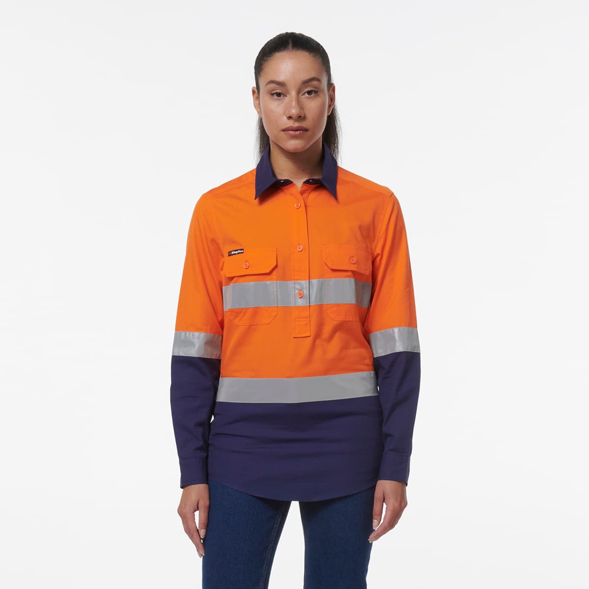 KingGee Womens Workcool Vented Closed Front Reflective Shirt (Orange/Navy)