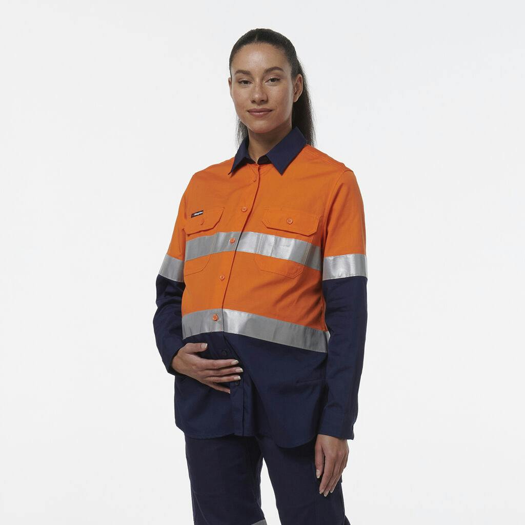 KingGee Womens Workcool Maternity Reflective Shirt (Orange/Navy)