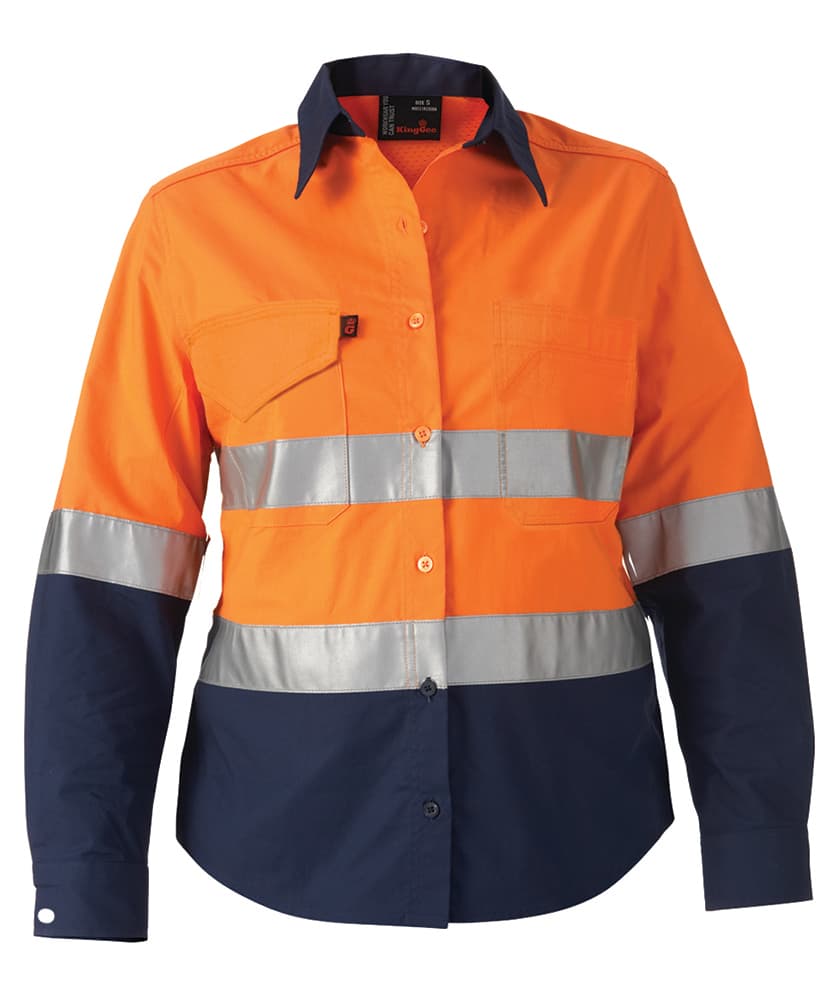 KingGee Workcool2 Womens Hi Vis Ref Spliced Shirt Long Sleeve (Orange/Navy)