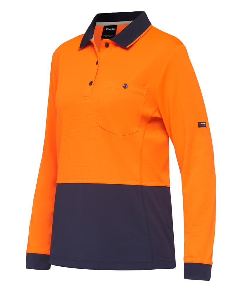 KingGee Workcool Hyperfreeze Womens Spliced Polo Long Sleeve (Orange/Navy)