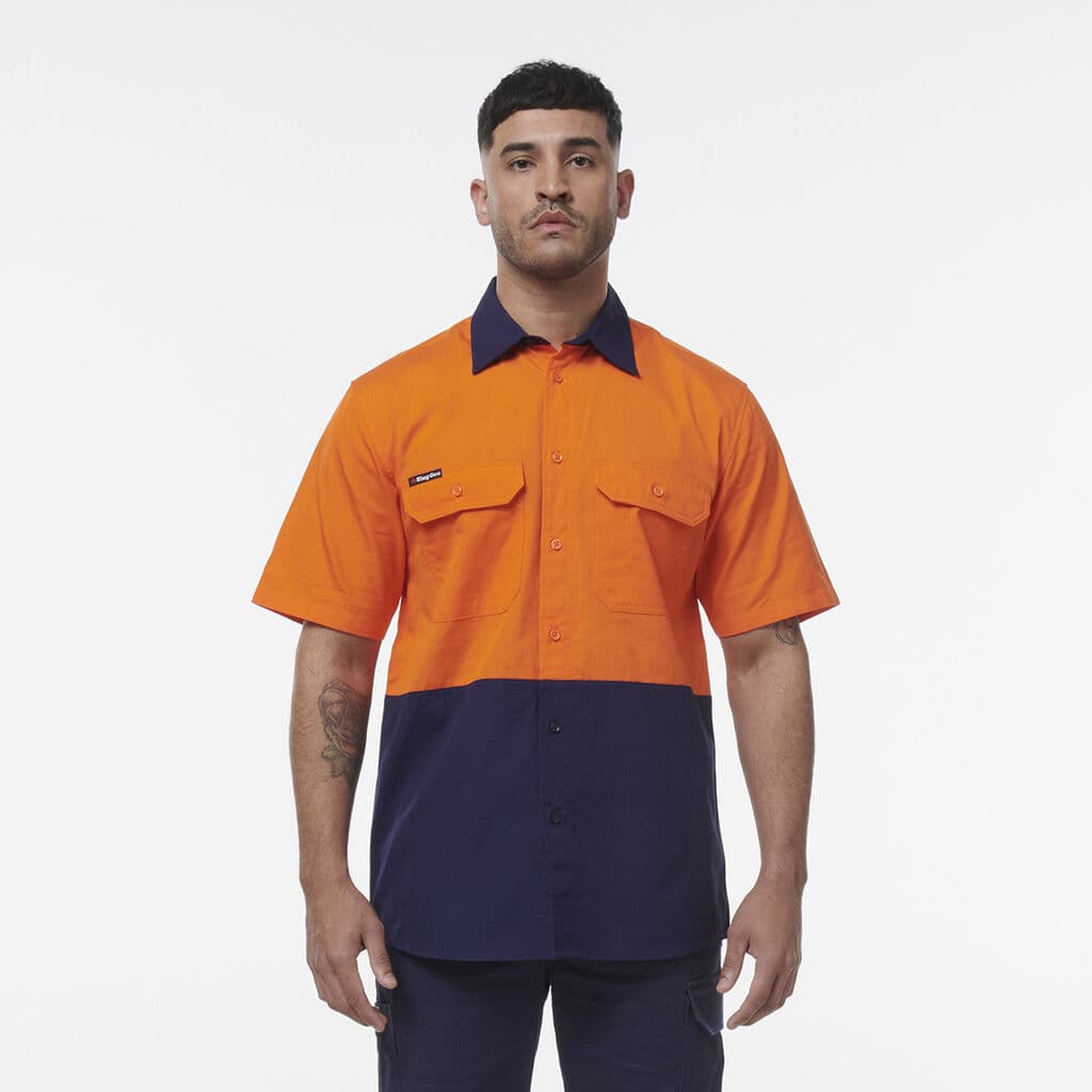 KingGee Workcool Vented Spliced Short Sleeve Shirt (Orange/Navy)