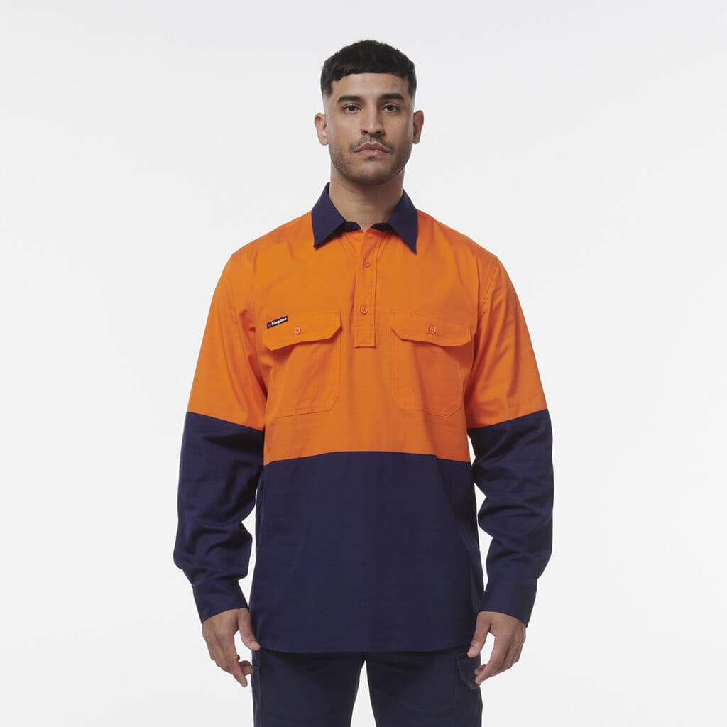 KingGee Workcool Vented Closed Front Spliced Shirt (Orange/Navy)