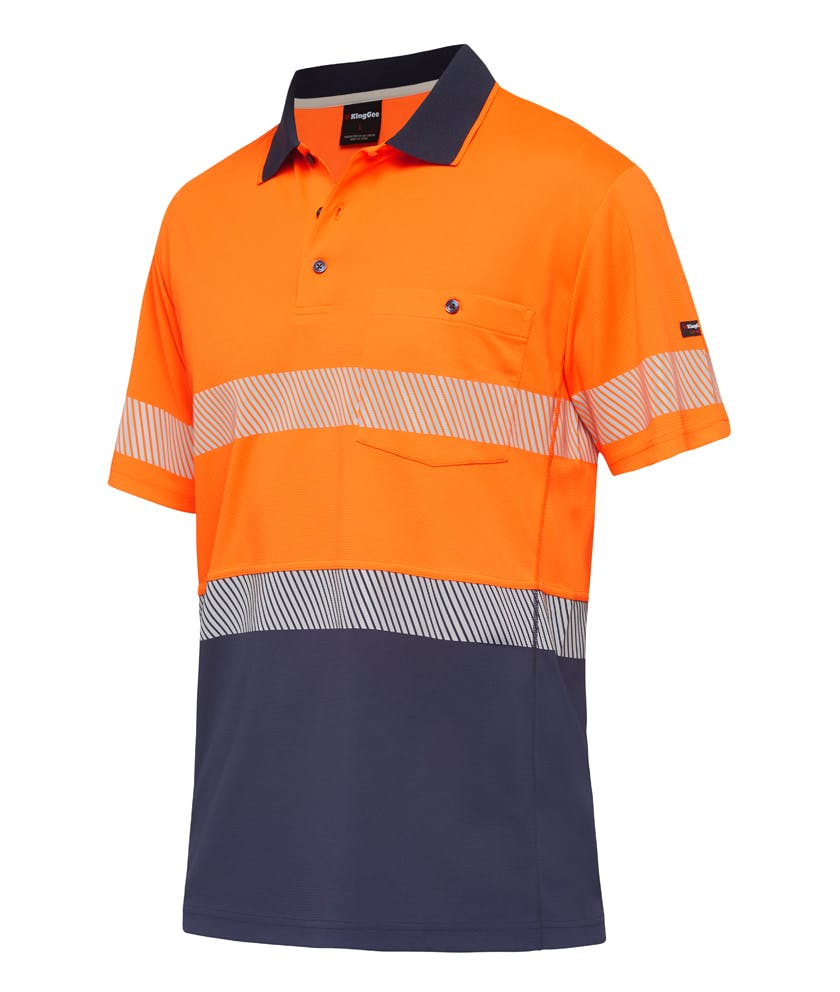 KingGee Mens Workcool Hyperfreeze Spliced Polo Short Sleeve Taped (Orange/Navy)_0