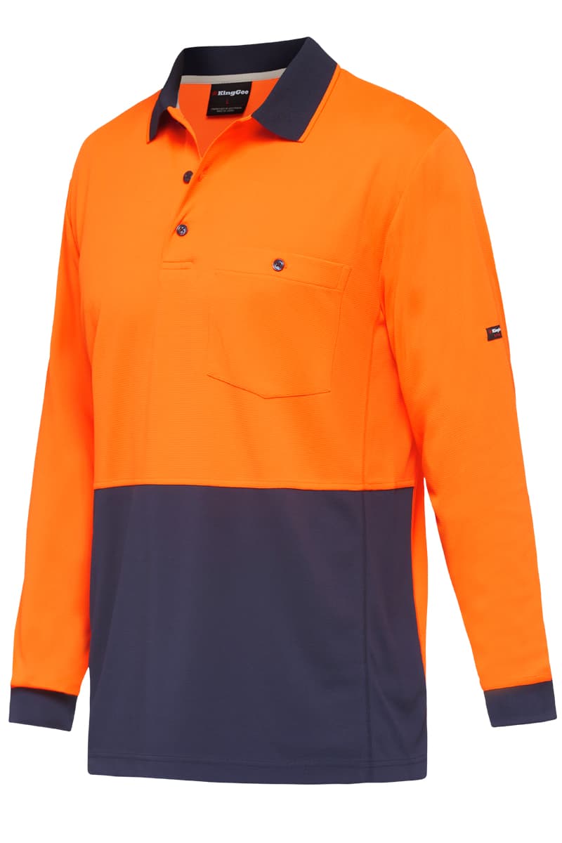 KingGee Mens Workcool Hyperfreeze Spliced Polo Long Sleeve (Orange/Navy)