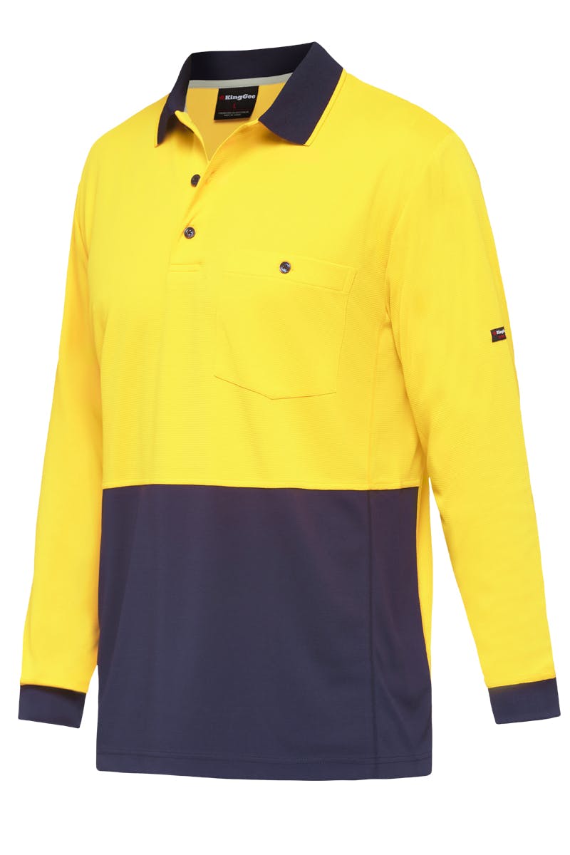 KingGee Mens Workcool Hyperfreeze Spliced Polo Long Sleeve (Yellow/Navy)_0