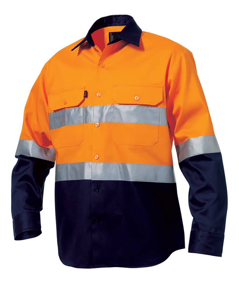 KingGee Mens Reflective Spliced Drill Shirt Long Sleeve (Orange/Navy)