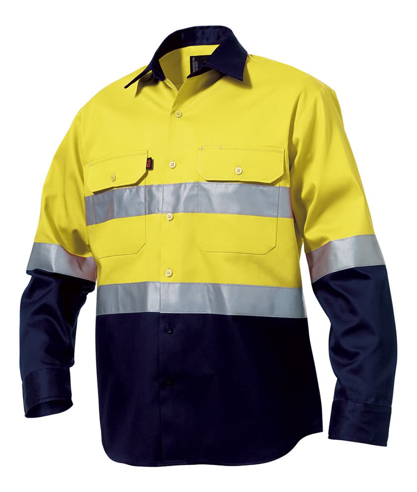 KingGee Mens Reflective Spliced Drill Shirt Long Sleeve (Yellow/Navy)