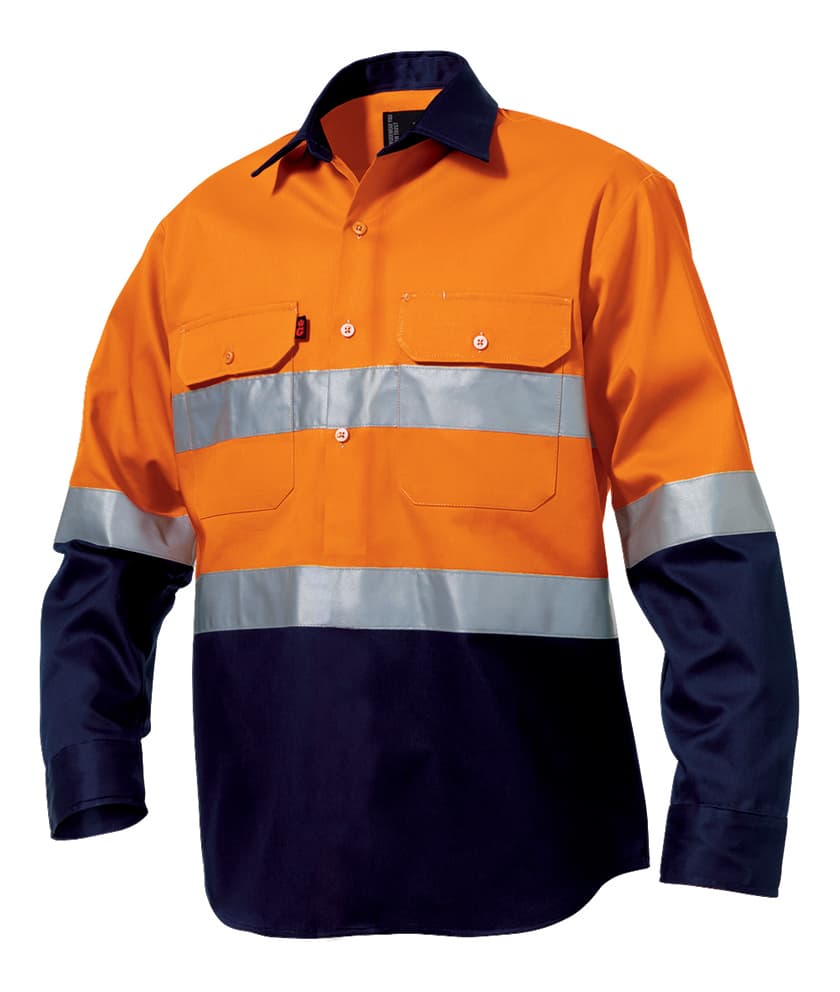 KingGee Mens Reflective Closed Front Spliced Drill Shirt Long Sleeve (Orange/Navy)