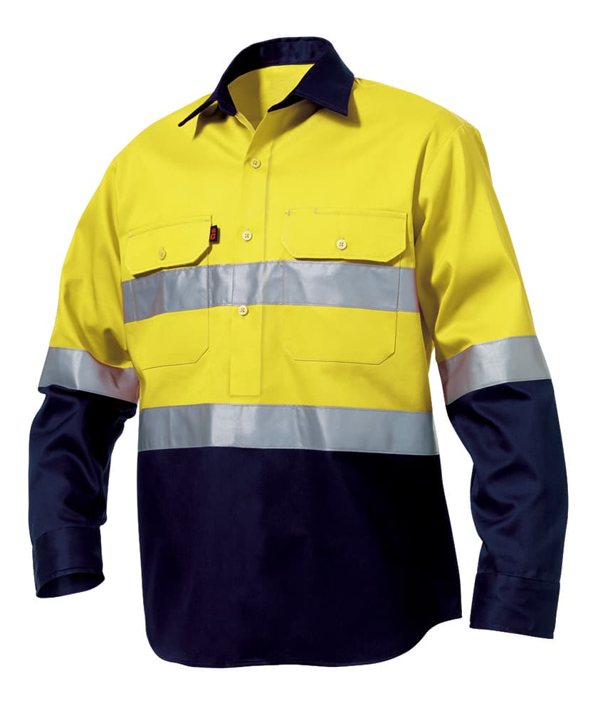KingGee Mens Reflective Closed Front Spliced Drill Shirt Long Sleeve (Yellow/Navy)